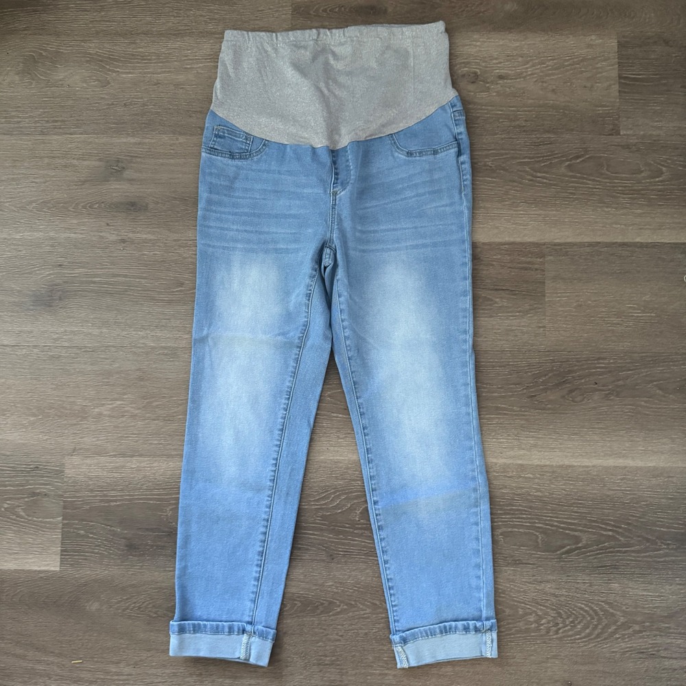 SHEIN Maternity Jeans Women XL 12 Light Blue Over Belly Stretch Cuffed Denim